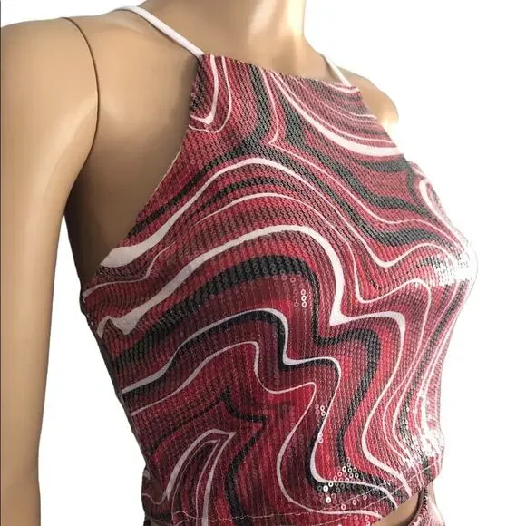 NWT Rue21 Crop Top Mini Skirt Set 2 Piece Set S Red Retro Sequin Halter Mini Y2K - Picture 4 of 10